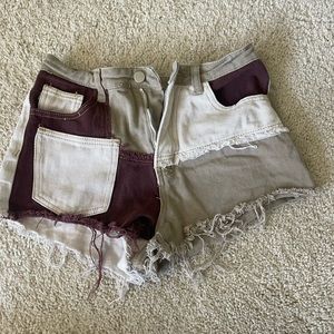 Brown Color Block Denim Shorts